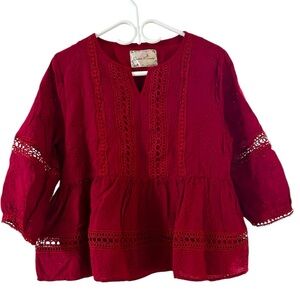 Red Blouse with V-Neck and Embroidered Designs